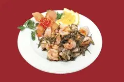 Креветки с зеленым чаем на тепане (200 гр.)